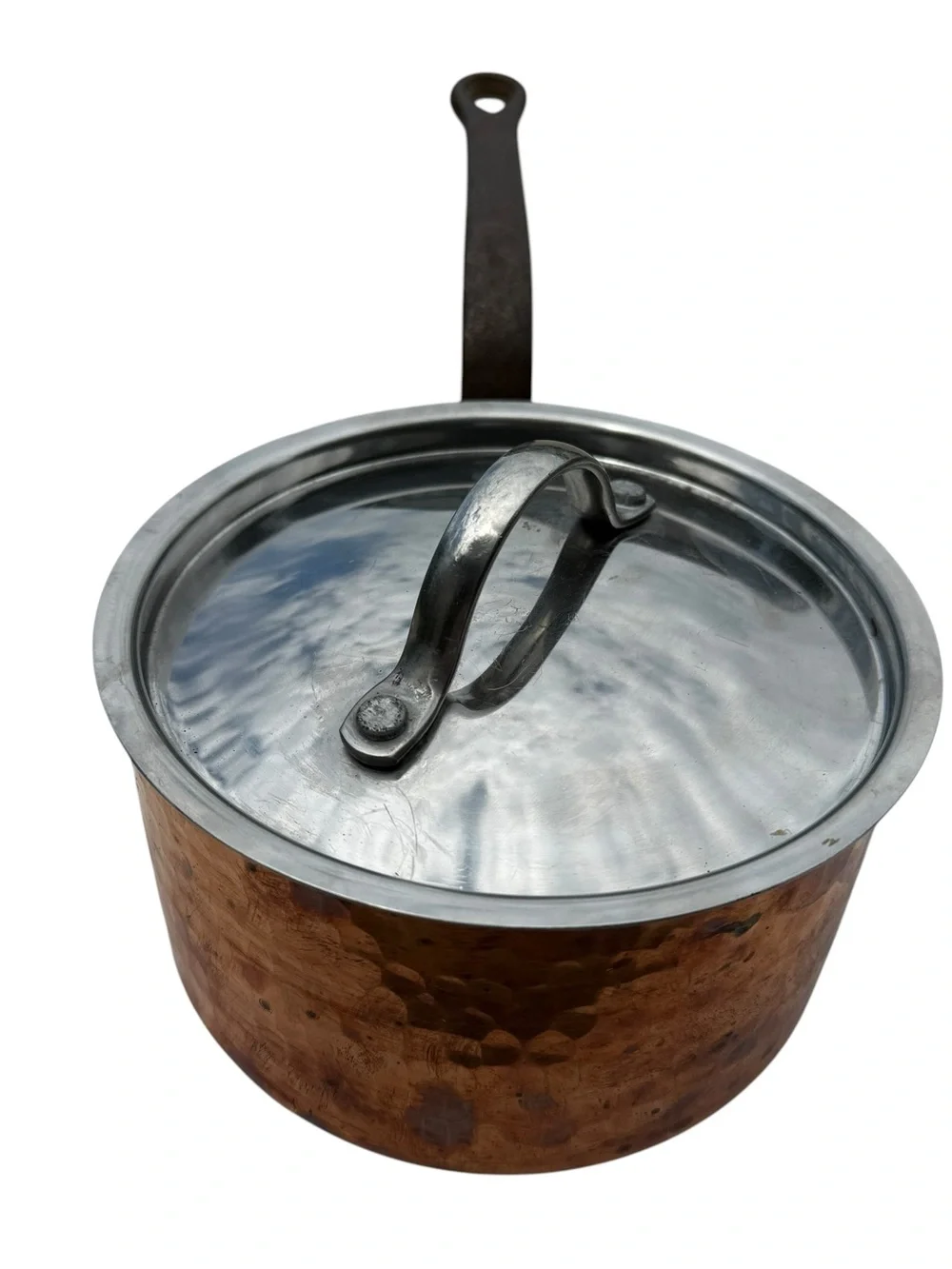 Vintage French Hammered Copper Saucepan Lid Cast Iron Handle Made France 6.5”